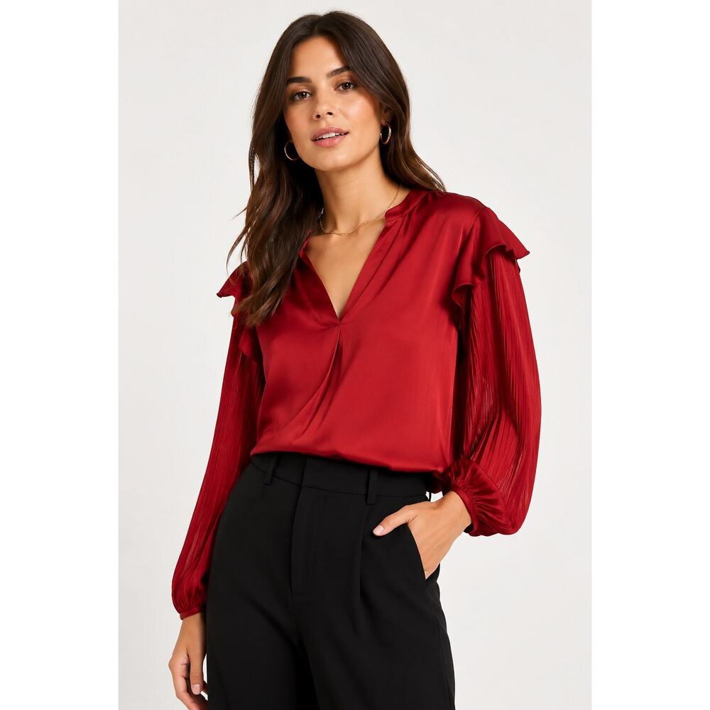 Anthropologie Dolan Sloan Ruffle Pleated Satin Blouse Wine Red Small NWT
